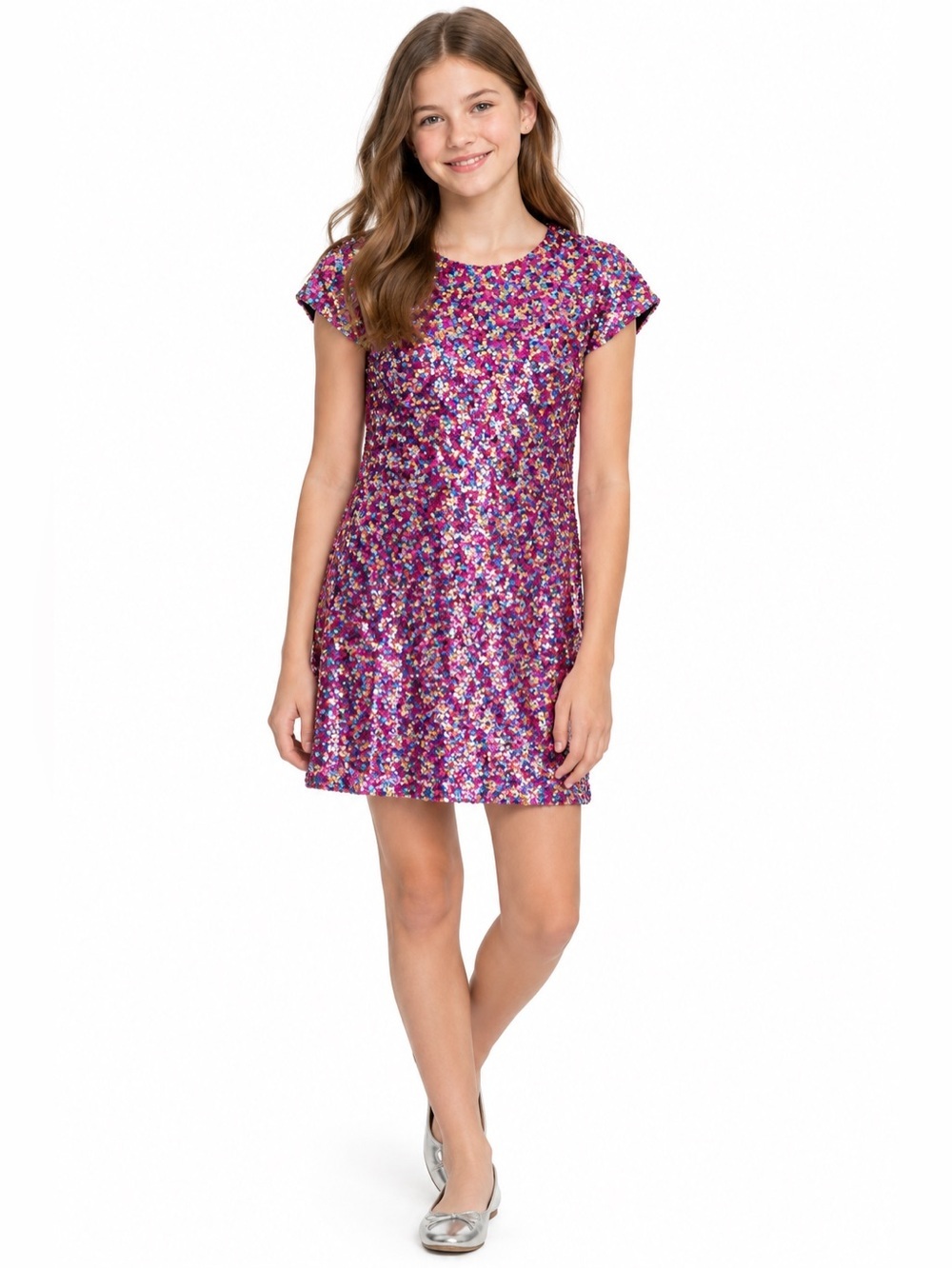 Colourful sequin party dress for girls short sleeves size M - L